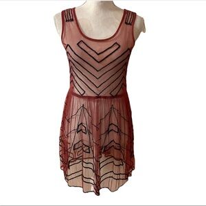 Intimately Free People Sheer Mesh Beaded Mini Dress Burgundy Plum Sz ?